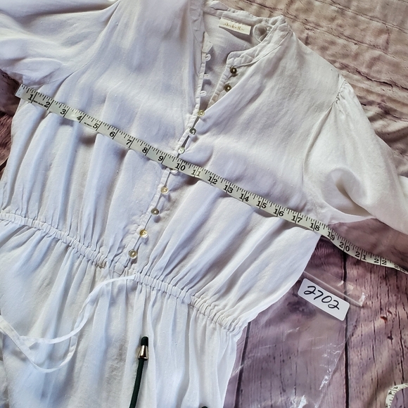 Aribella White Peasant Linen Midi Dress Bohemian Long Sleeves Front Button Mediu - Picture 8 of 10